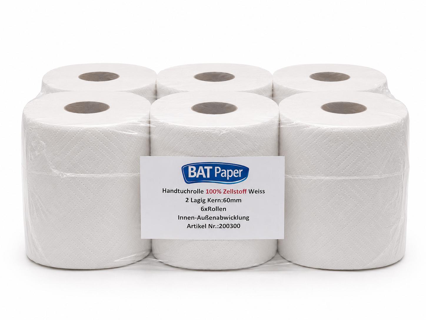 BATPAPER® Handtuchrolle 100% Zellstoff 6 Rollen 2 lagig